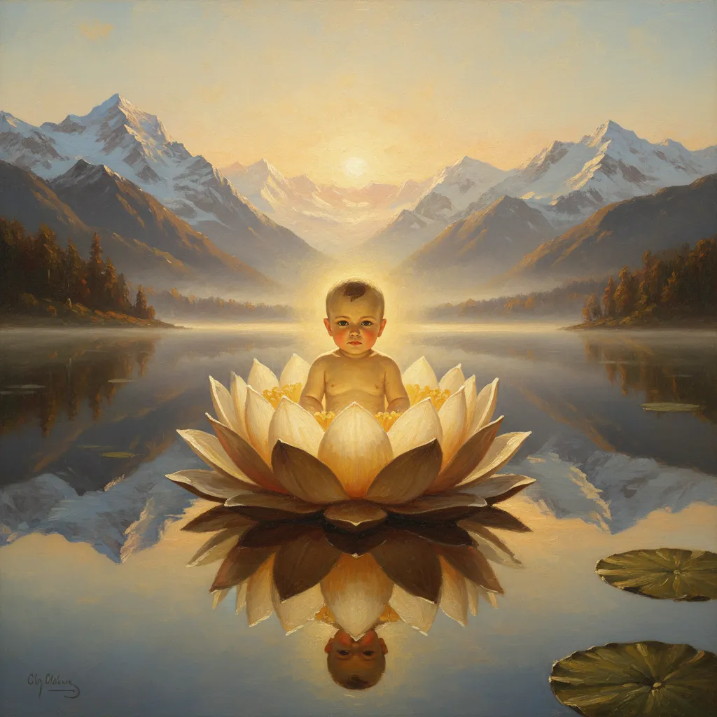 호수 위 연꽃에서 걸어 나온 아이