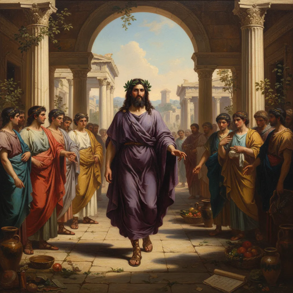 ## 자주색 옷을 입고 거리를 걸은 남자