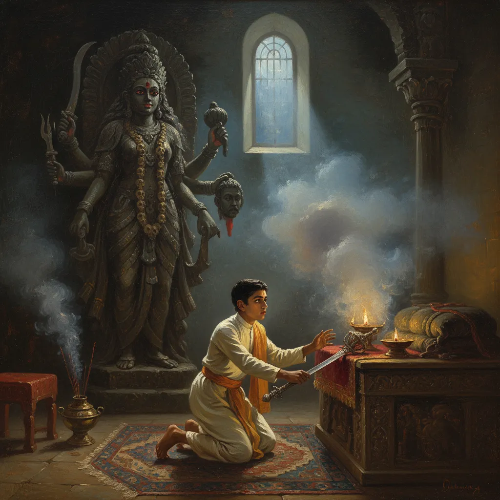 ## 칼리 여신 앞에서 칼을 든 소년