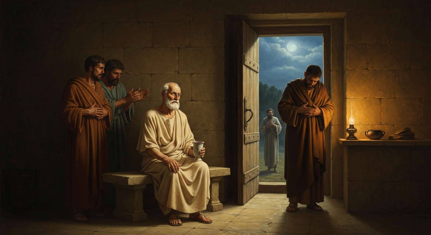 감옥 문은 열려 있었고 친구들은 배를 준비해두었지만, 그는 독배를 들었다