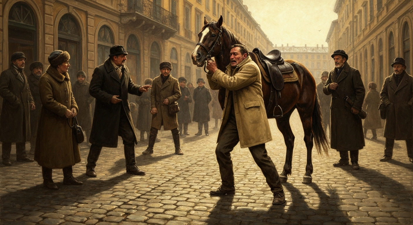 토리노에서 말을 끌어안고 운 뒤, 그의 여동생이 초인을 납치했다