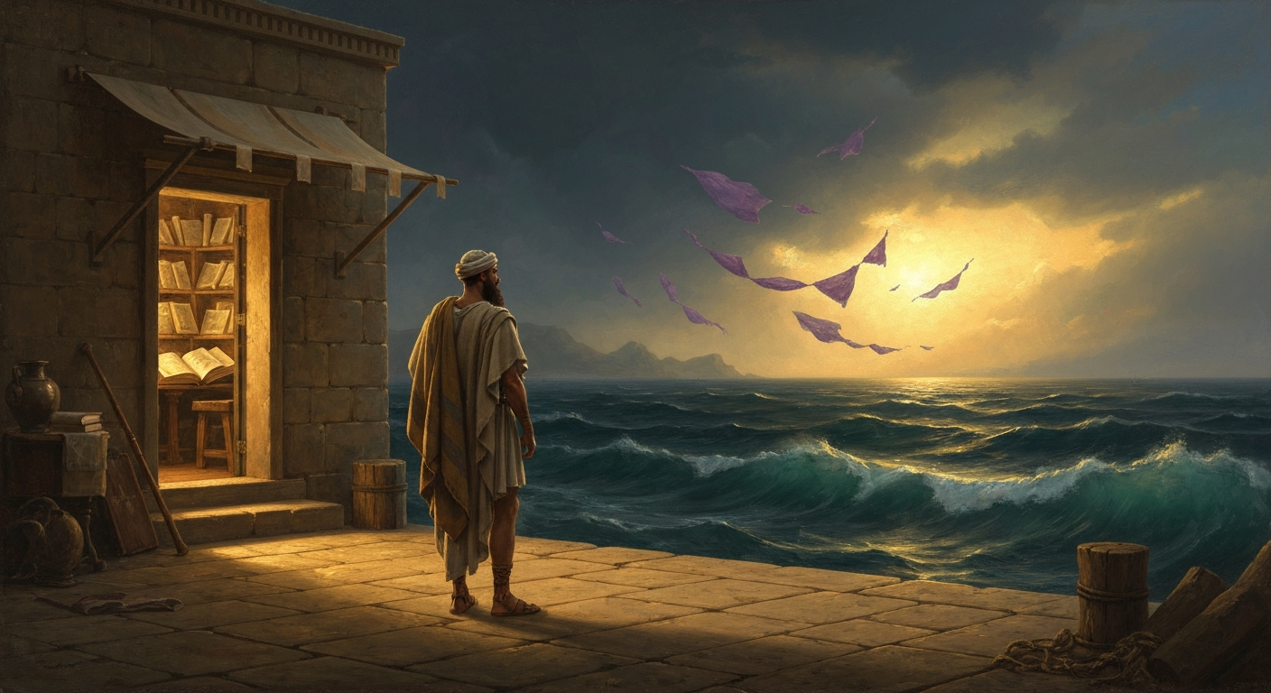 ## 보라색 염료 천 근을 바다에 빠뜨린 남자가 서점 의자에 앉았다