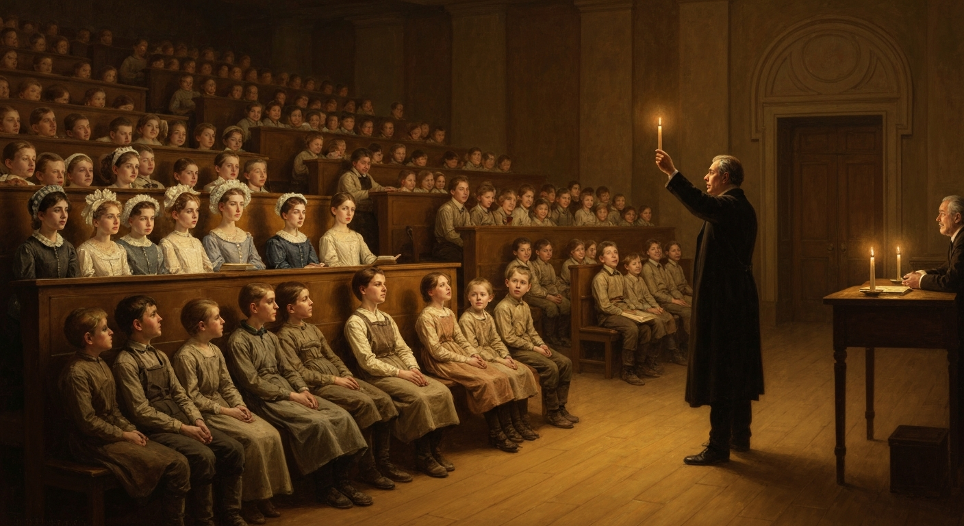 앨버트 공이 왕자들을 데려온 양초 강의에 공장 아이들도 나란히 앉았다