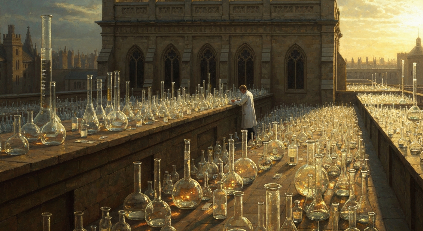 볼로냐 대학 옥상에 유리병 수백 개가 햇빛을 받고 있었다