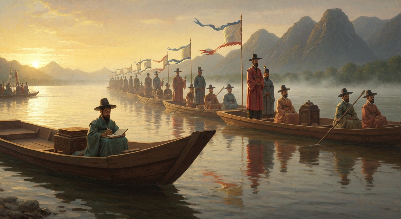 마흔넷, 사신단 꼬리에 달려 압록강을 건너다