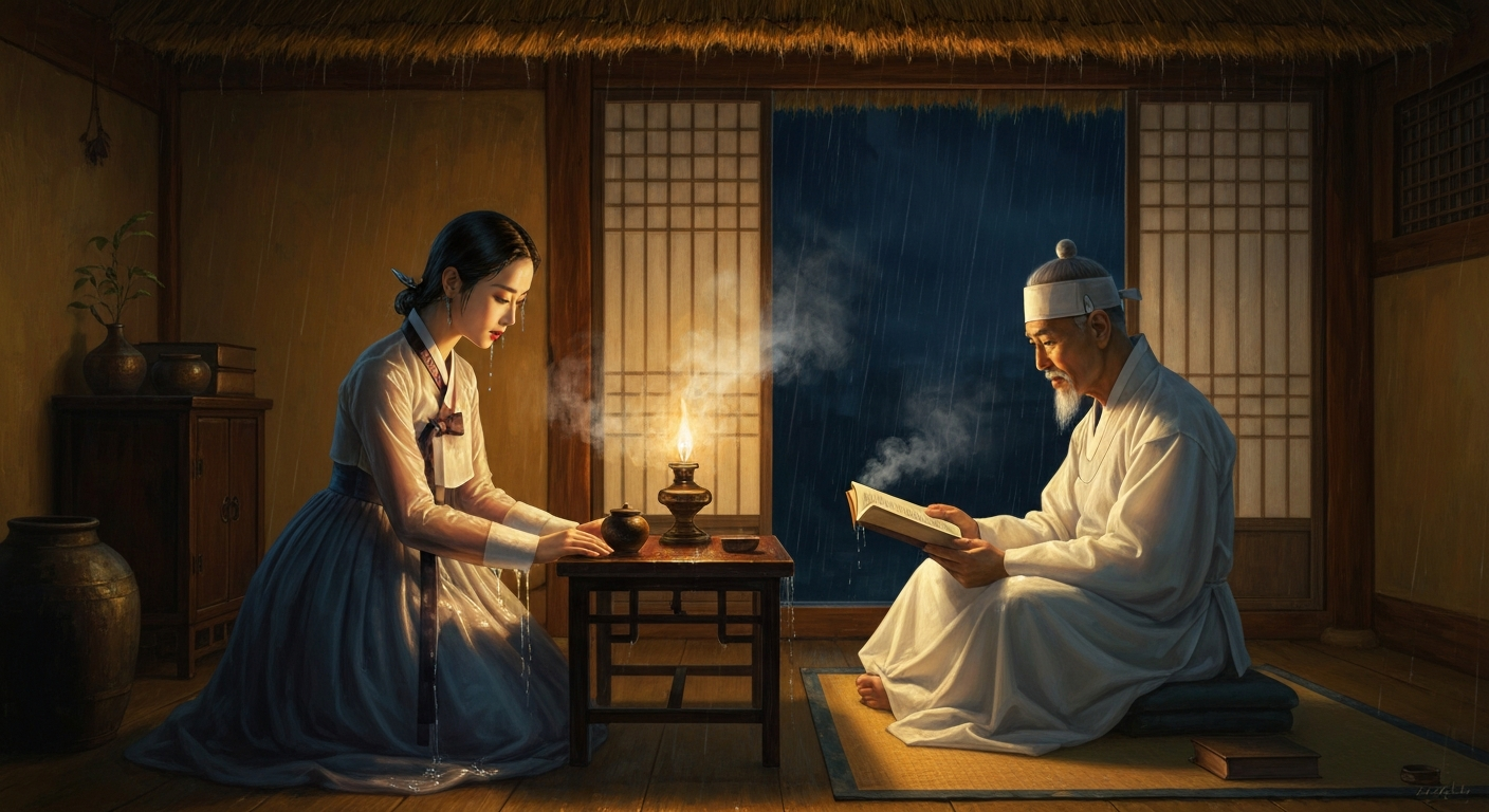 황진이가 비에 젖은 채 그의 방문을 두드렸다