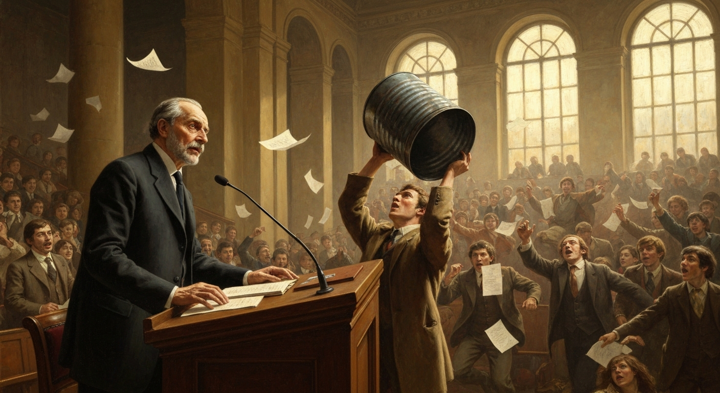 낭테르 학장의 머리 위에 학생이 쓰레기통을 씌웠다