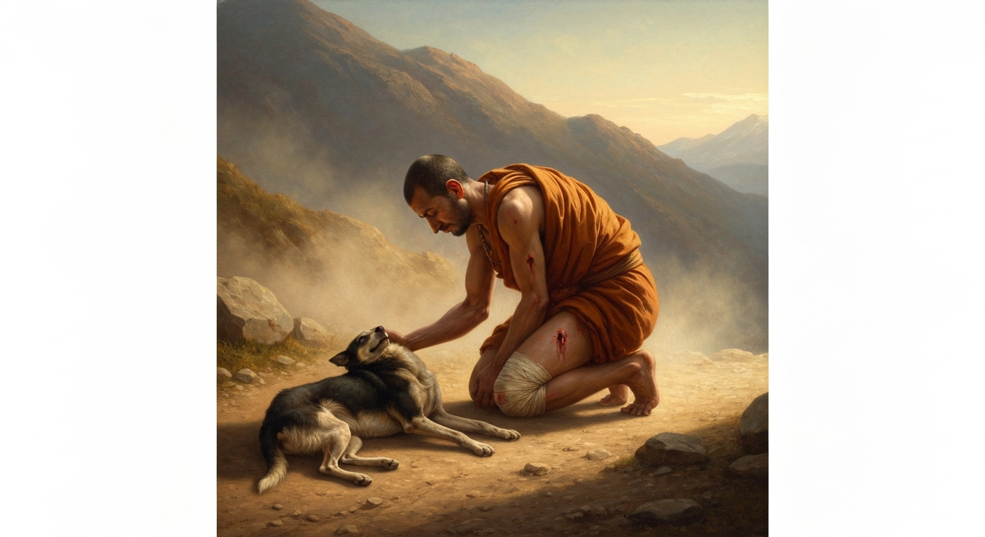 구더기가 끓는 암캐가 하산길에 누워 있었다