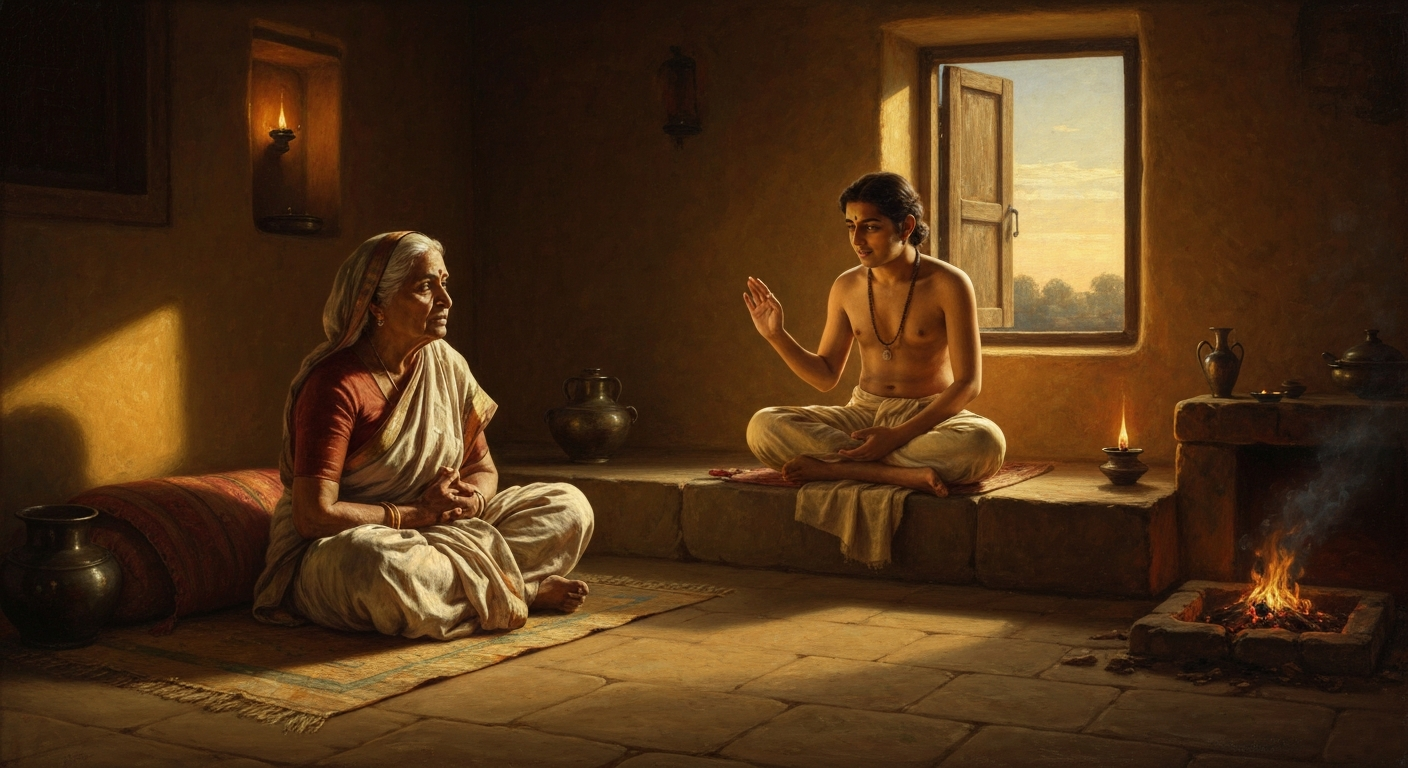 어머니 데바후티가 아들 발 앞에 제자로 앉았다