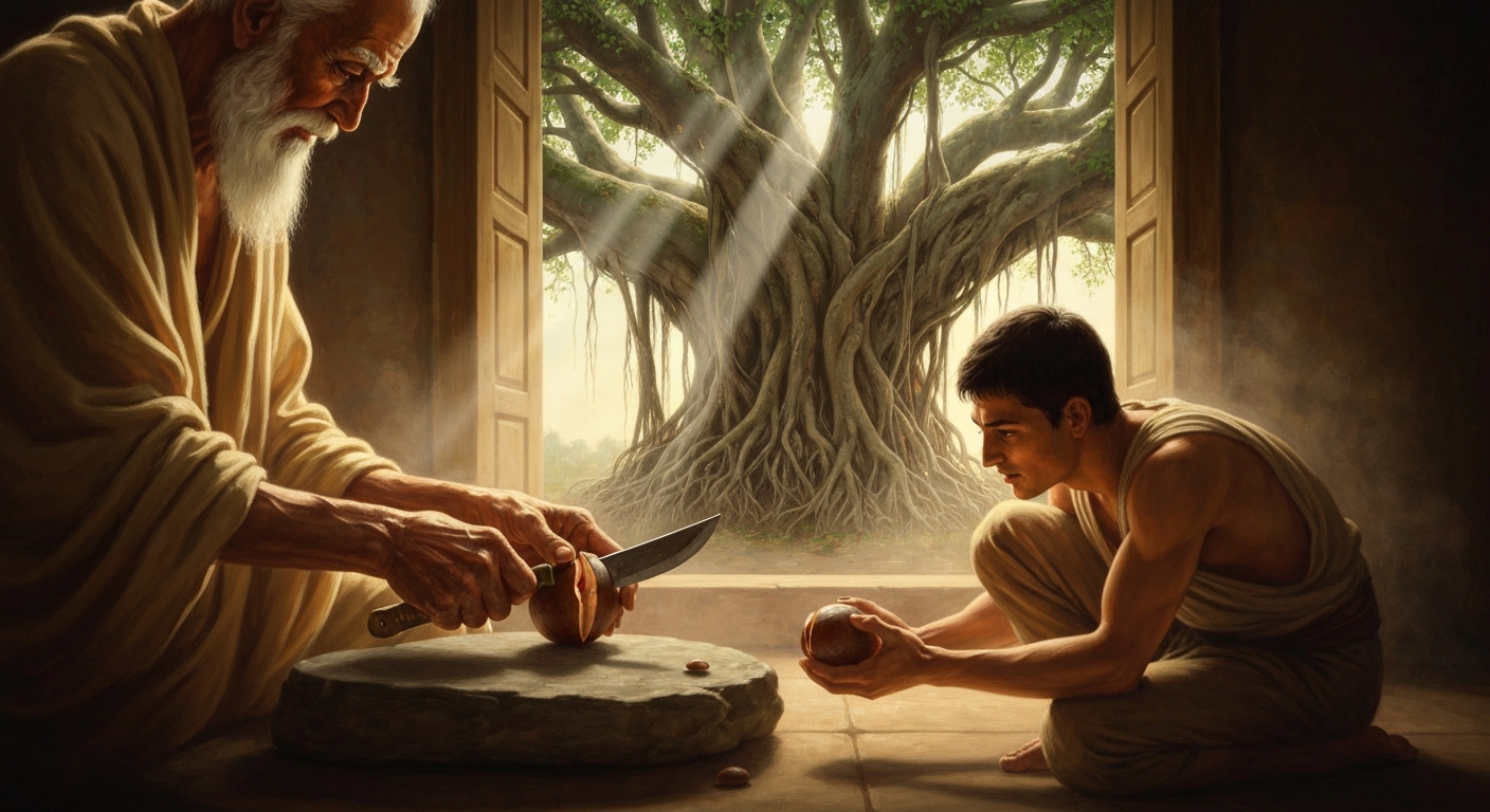 도끼로 반얀나무 씨앗을 쪼개며 '그것이 너다'라고 말했다