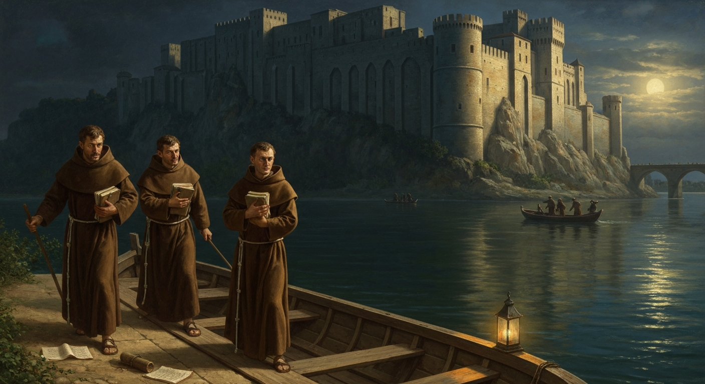 1328년 5월 밤, 세 수도사가 아비뇽을 배로 빠져나갔다