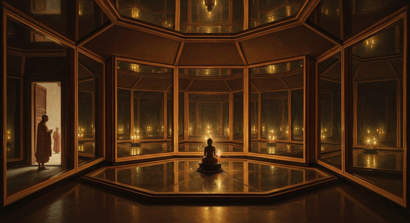 거울 10개와 촛불 하나가 놓인 방