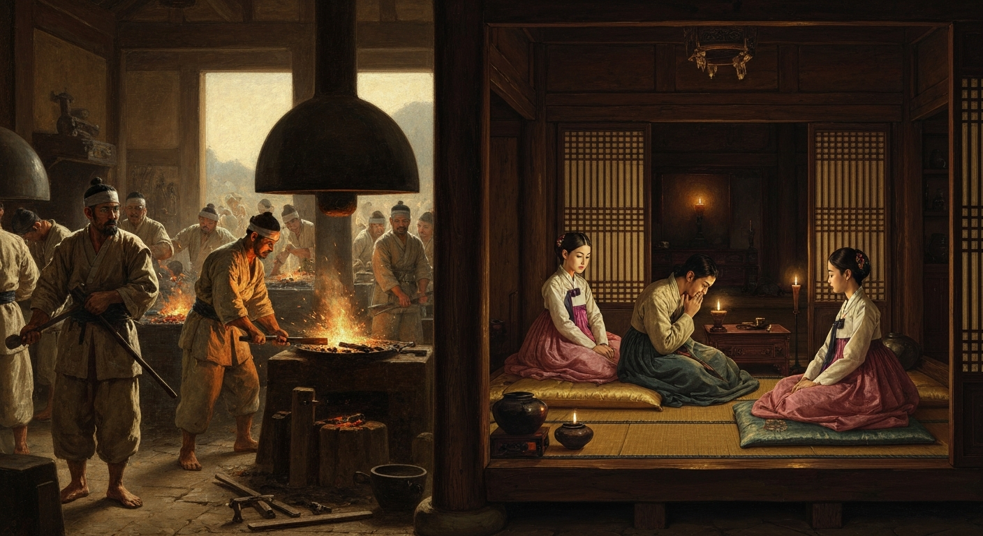 단원이 대장간을 그릴 때, 혜원은 담장 너머를 그렸다