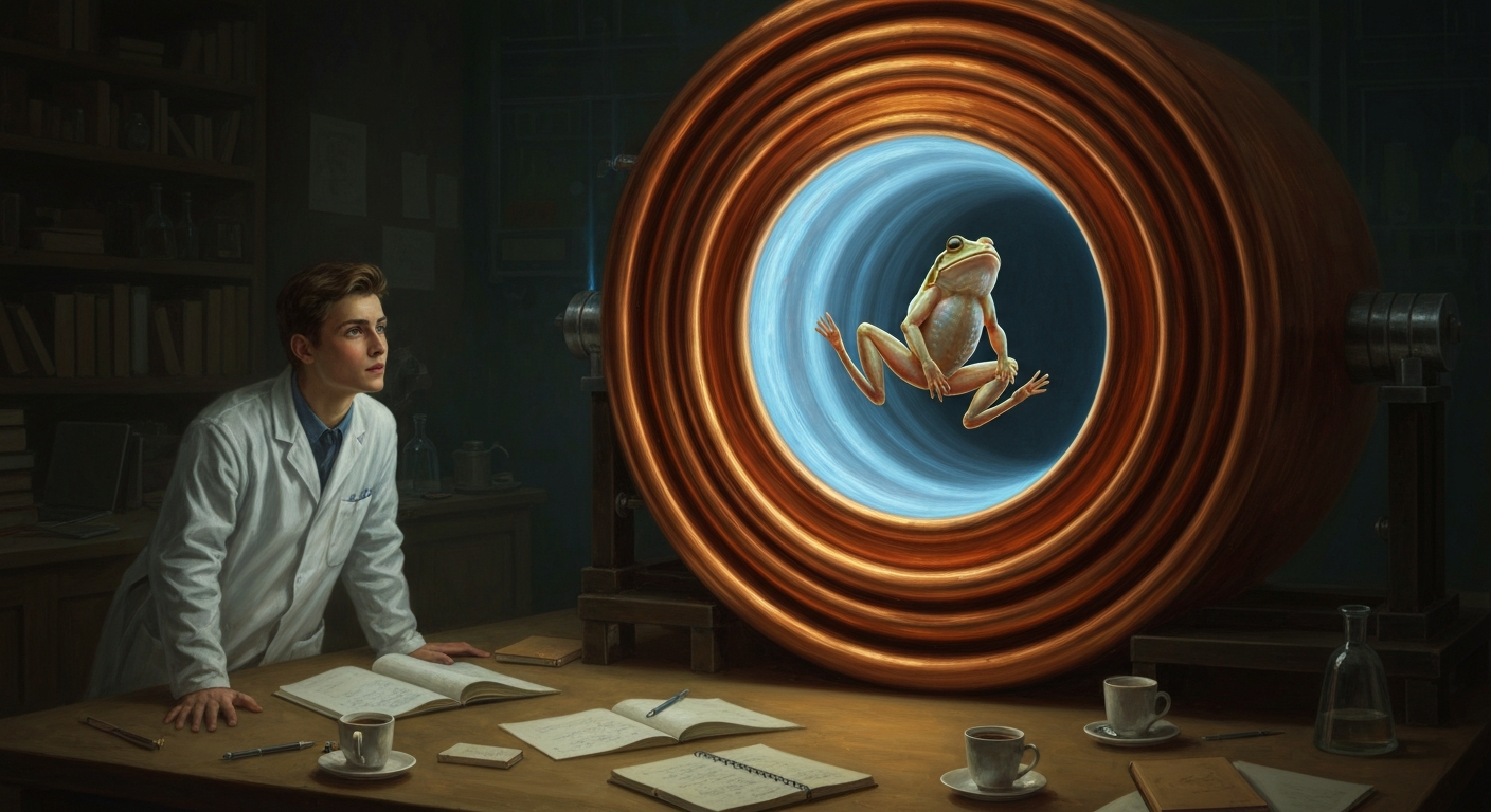 금요일 밤 실험실에서 그는 개구리를 띄웠다