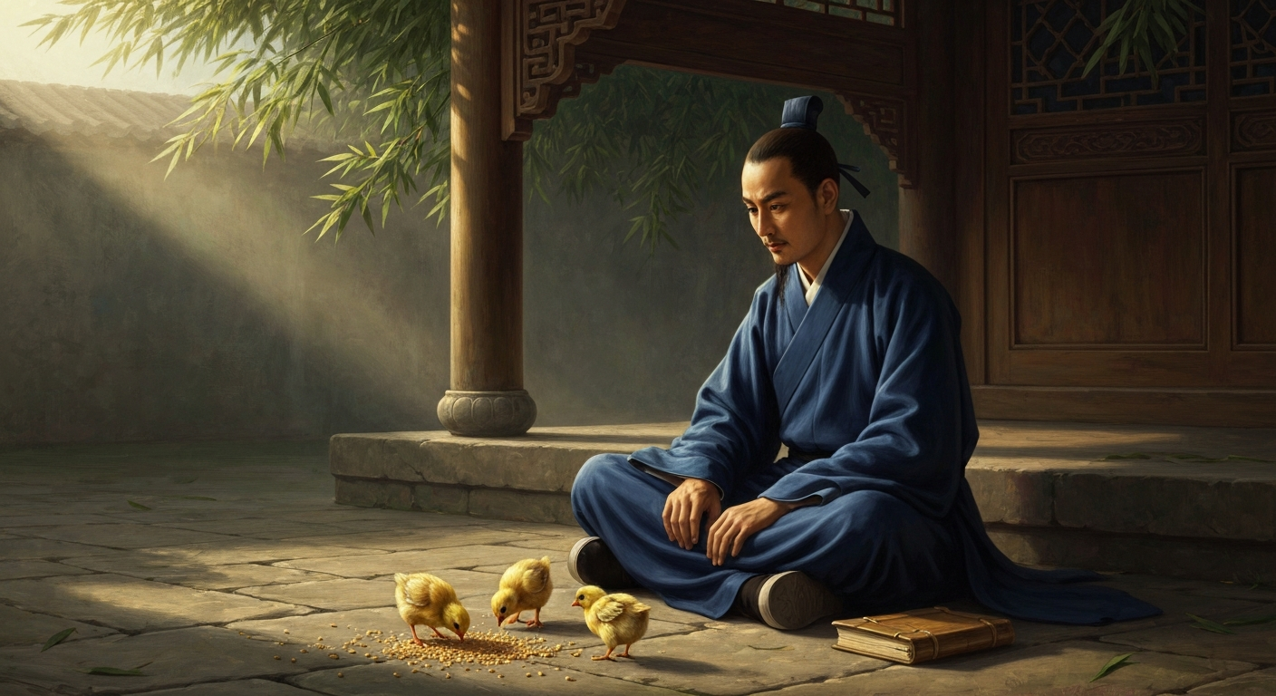 정호는 서재 앞에 병아리를 풀어놓고 매일 지켜봤다