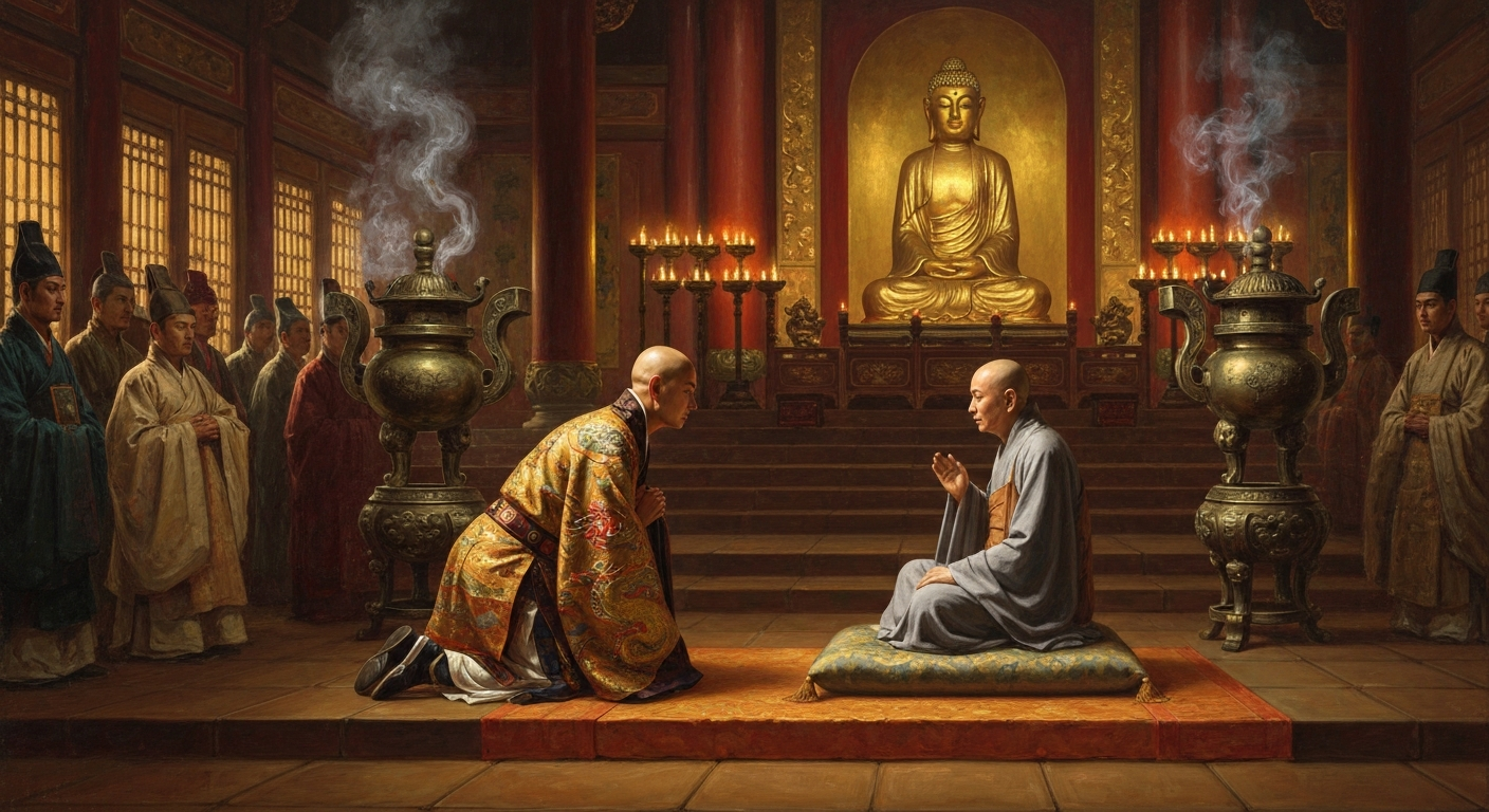 수나라 황제가 지의 앞에서 무릎을 꿇었다