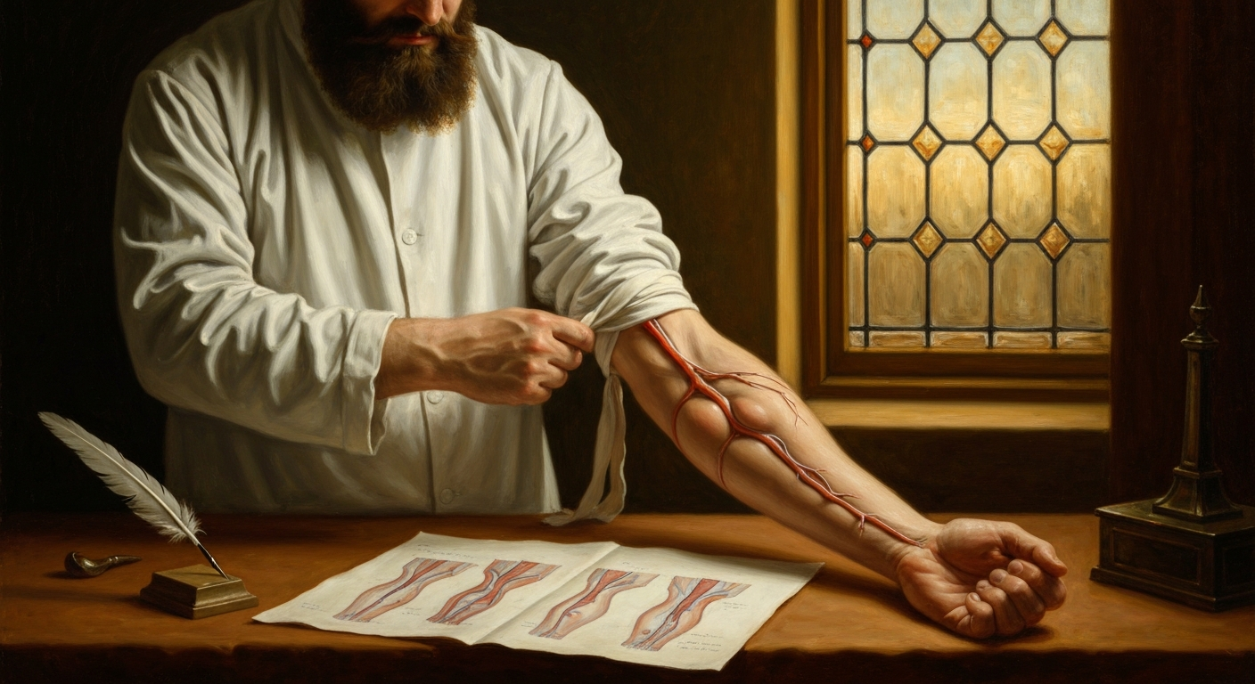 하비는 자기 팔에 끈을 묶어 피의 방향을 증명했다