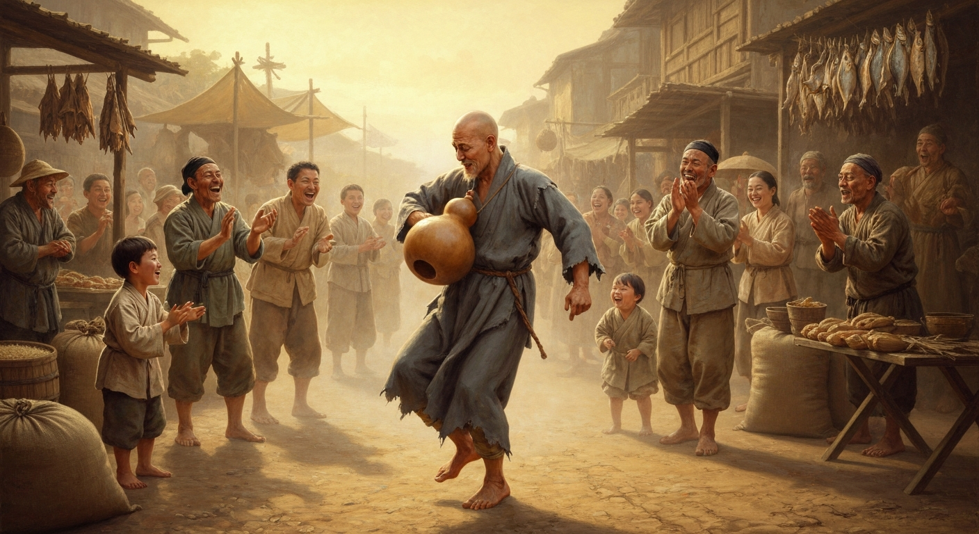 원효는 표주박을 두드리며 시장을 돌았다