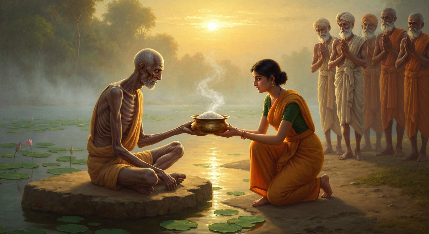 싯다르타는 6년 단식 끝에 우유죽을 받아 마셨다