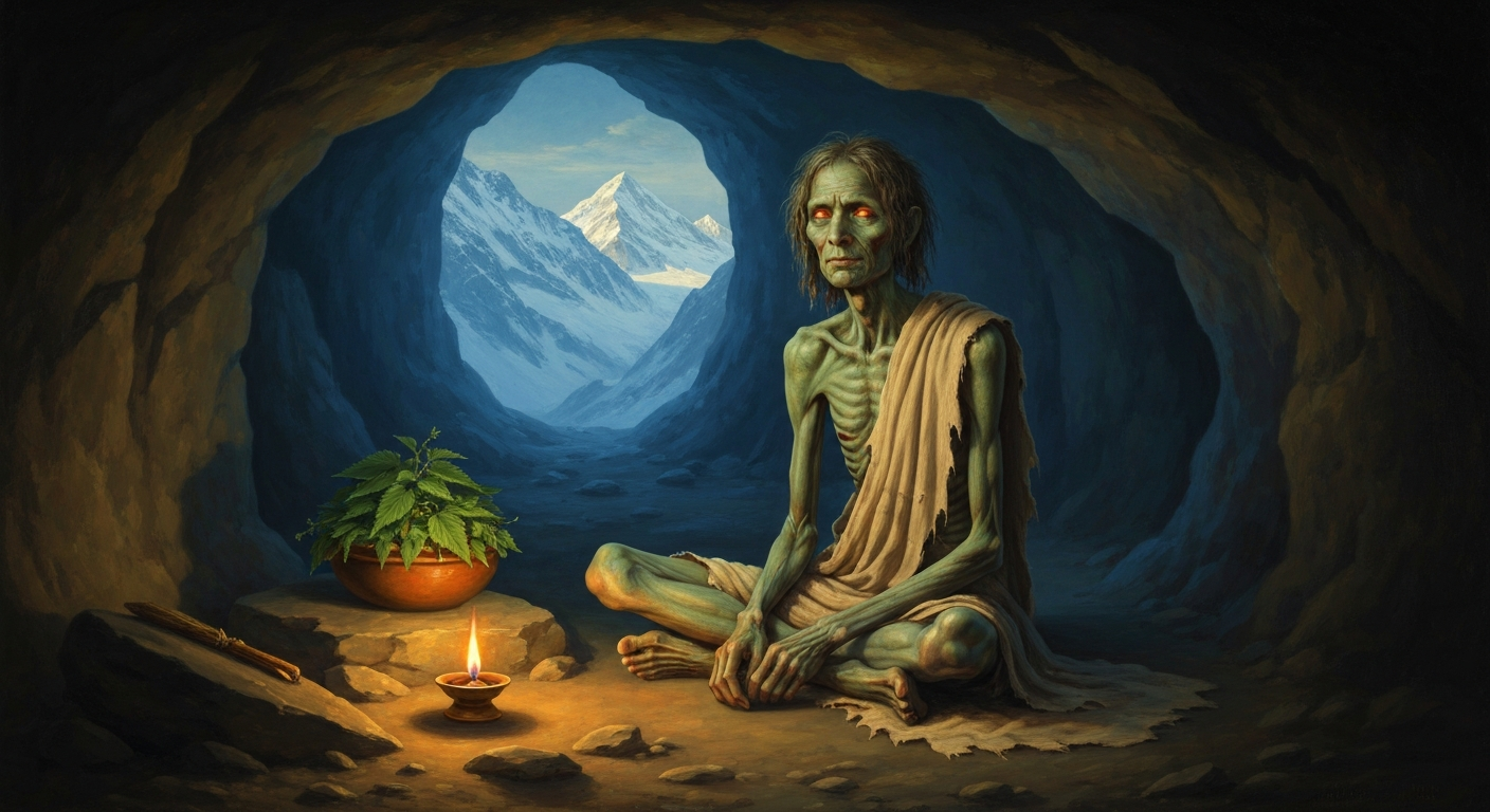 밀라레파는 쐐기풀만 먹어 몸이 녹색이 되었다