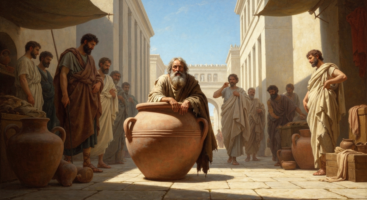 디오게네스는 아테네 광장 한가운데 통 속에서 살았다