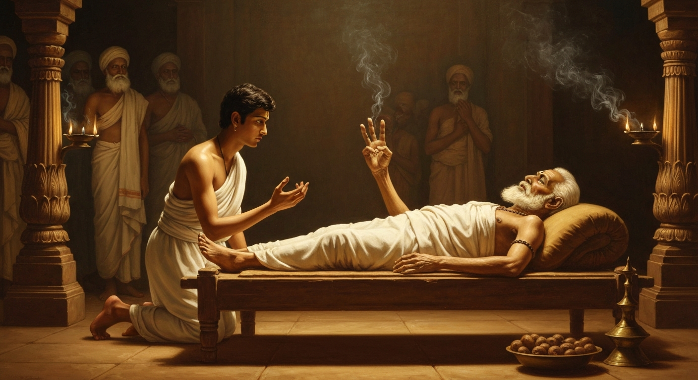 라마누자는 죽은 스승의 굽은 세 손가락에서 유언을 읽었다