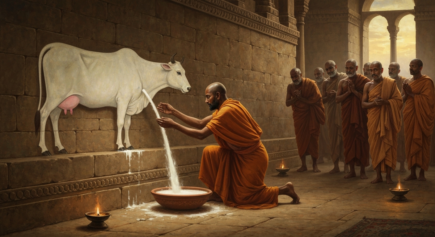 월칭은 벽화 속 소에서 진짜 우유를 짜냈다