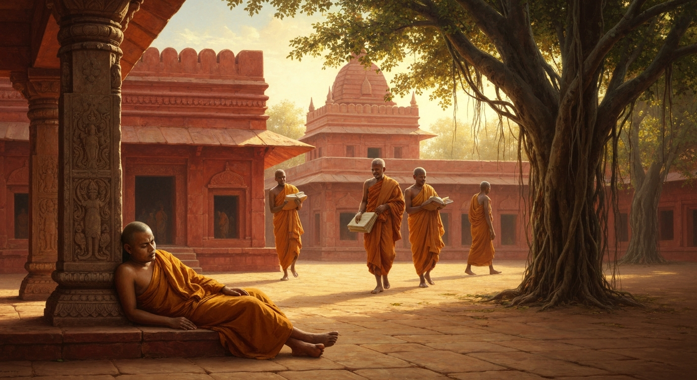 나란다 승려들은 그를 '먹고 자는 자'라 불렀다