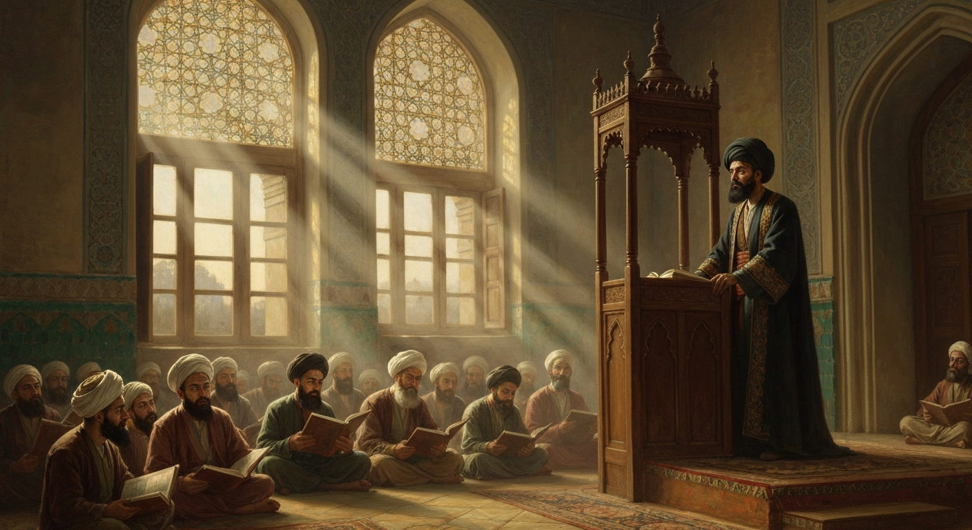 알 가잘리는 강단 한복판에서 입이 굳어 침묵했다